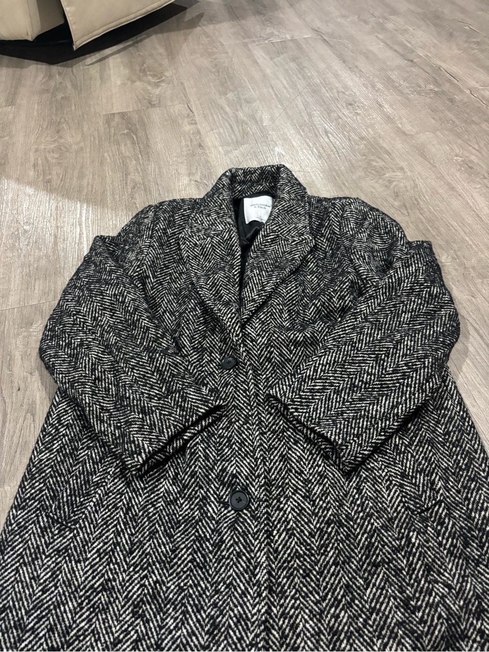 ABERCROMBIE Wool-Blend Textured Dad Coat In Grey Herringbone Size Large - Picture 3 of 4